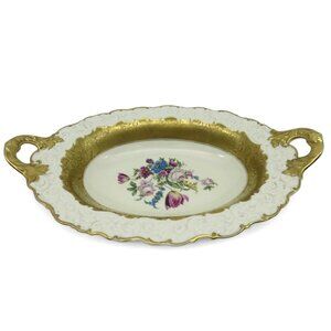 ROSENTHAL 1479 Ceramic Oval Dish Floral Gold Trim Handles Germany Vintage 17"